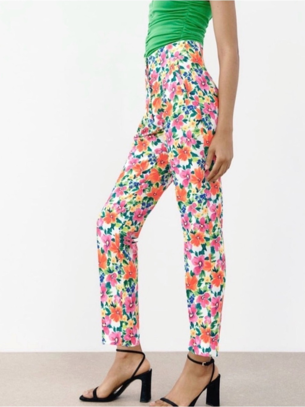 ZARA Floral Straight Leg Hogh Rise Pants White Pink Orange Ankle Garden Party S